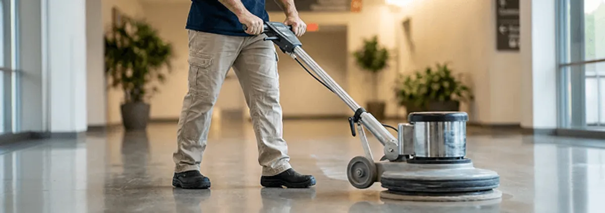 Professional technician using an industrial floor buffer to polish and maintain shiny commercial flooring in a corporate hallway in Cedar Rapids, IA.