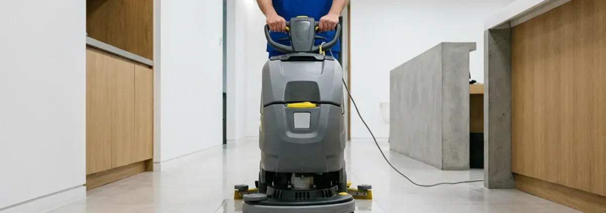 Janitorial staff using a floor scrubber machine to clean a commercial hallway, Cedar Rapids, IA.