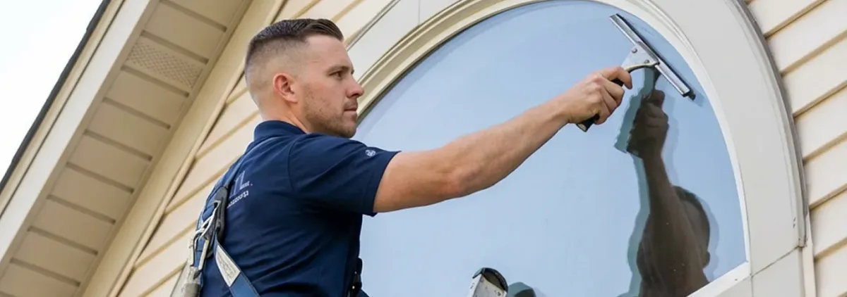 Professional window cleaner using a squeegee to clean an exterior arched window on a home, Cedar Rapids, IA.