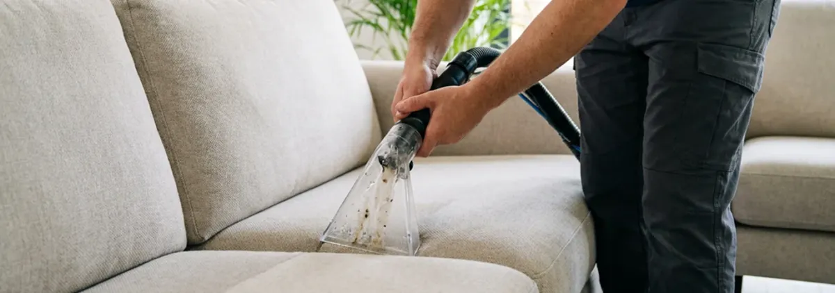 Technician extracting dirt and moisture from a fabric sofa with an upholstery cleaning wand, Cedar Rapids, IA.